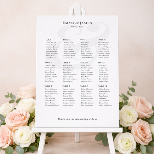 Minimalist Ampersand Wedding | 12 Seating Chart (Modern wedding stationery set featuring invitations, RSVP cards, and a floral seating chart display.)