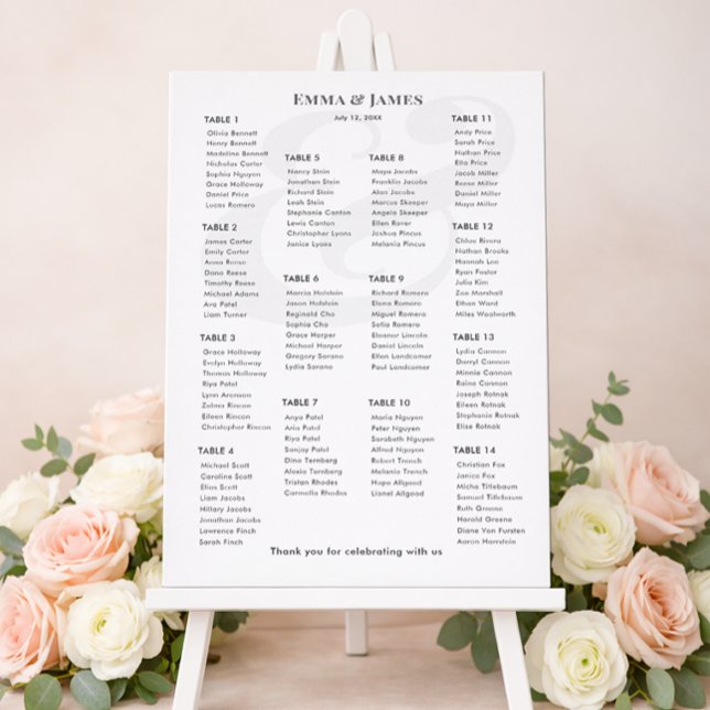 Minimalist Ampersand Wedding | 14 Seating Chart (Modern wedding stationery set featuring invitations, RSVP cards, and a floral seating chart display.)