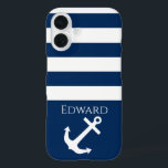Minimalist Anchor & Stripes Nautical iPhone 16 Case<br><div class="desc">Minimalist stripes & Anchor Design
Personalize your name (or delete all text!) and background colour (shown as blue),  add your own images,  etc... it's up to you,  it's a template! :)
Check out the shop for matching items.</div>