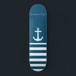 Minimalist Anchor & Stripes Nautical Skateboard<br><div class="desc">Minimalist stripes & Anchor Design
Personalize your name (or delete all text!) and background colour (shown as blue), add your own images, etc... it's up to you, it's a template! :)
Check out the shop for matching items.</div>