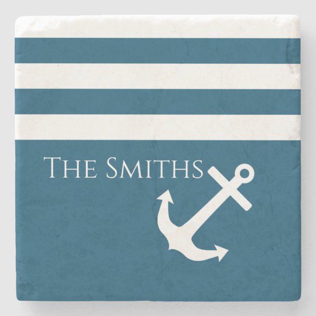 Minimalist Anchor & Stripes Nautical Stone Coaster (Front)