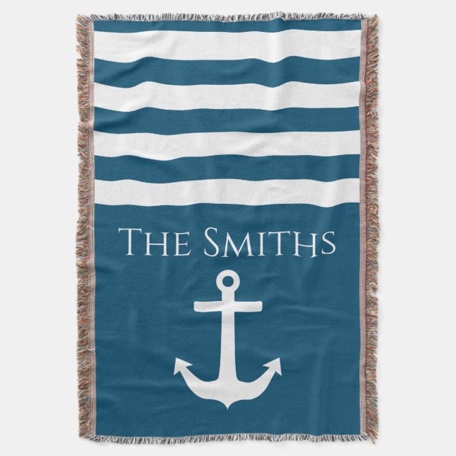 Minimalist Anchor & Stripes Nautical Throw Blanket (Front Vertical)