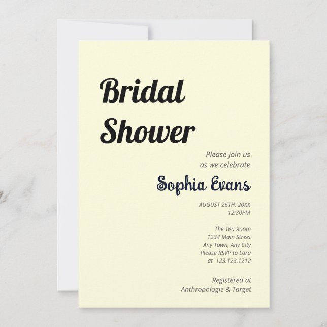 Minimalist and Simple Light Yellow Bridal Shower Invitation (Front)
