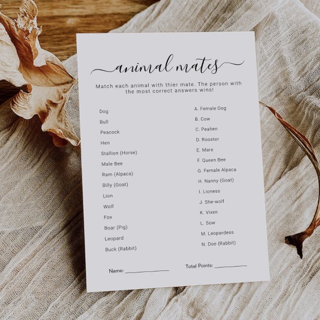 Minimalist Animal Mates Quiz Bridal Shower Game  Invitation (Minimalist Animal Mates Quiz Bridal Shower Game Invitation)