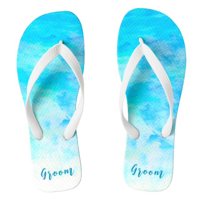 Minimalist Aqua Blue Gradient Groom Flip Flops (Footbed)