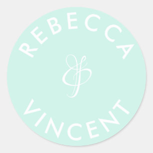 Minimalist Aqua Green Wedding Personalised Names Classic Round Sticker