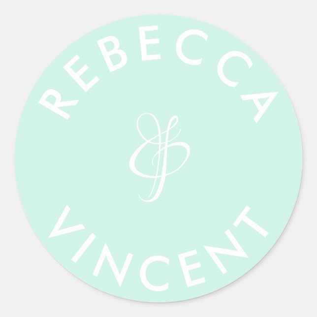 Minimalist Aqua Green Wedding Personalized Names Classic Round Sticker (Front)