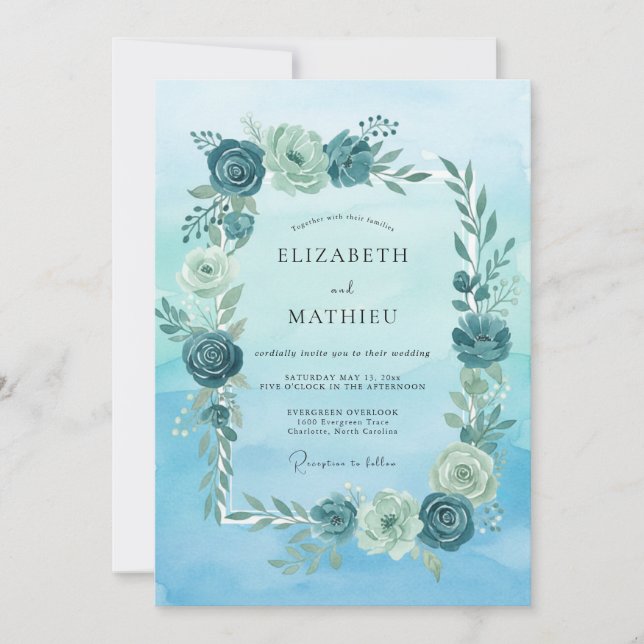 Minimalist Aqua Mint Leafy Wedding Invitation (Front)