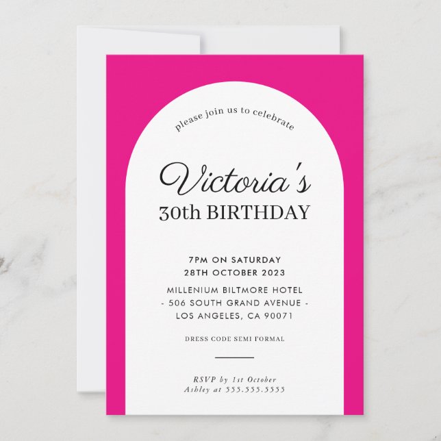 MINIMALIST arch birthday chic modern fuschia pink Invitation (Front)