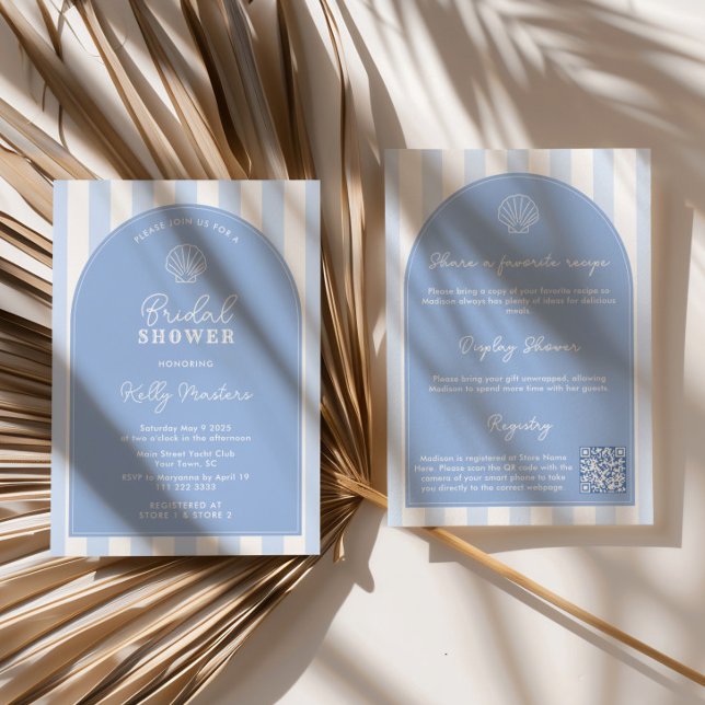 Minimalist Arch Blue & White Beachy Bridal Shower Invitation (Simple blue and white seashell beach bridal shower double-sided invitation with QR code)