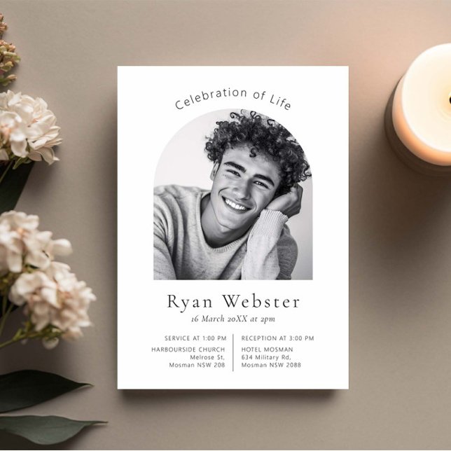 Minimalist Arch Celebration of Life Funeral Photo Invitation (Creator Uploaded)