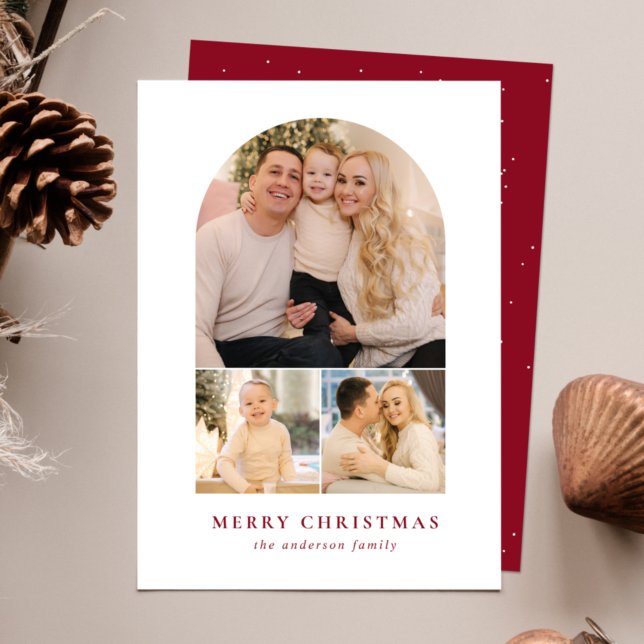 Minimalist Arch Cranberry 3 Photo Holiday Card (Creator Uploaded)