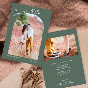 Minimalist arch green modern photo Save the Date Invitation