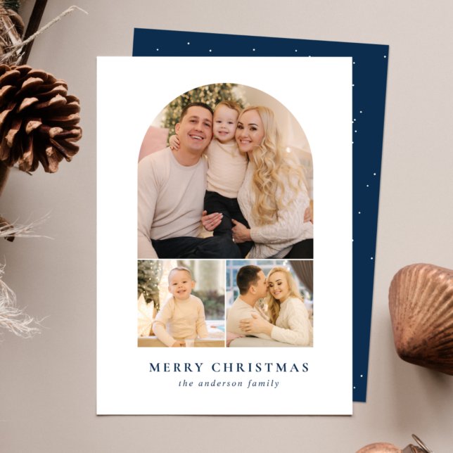 Minimalist Arch Navy 3 Photo Holiday Card (Creator Uploaded)