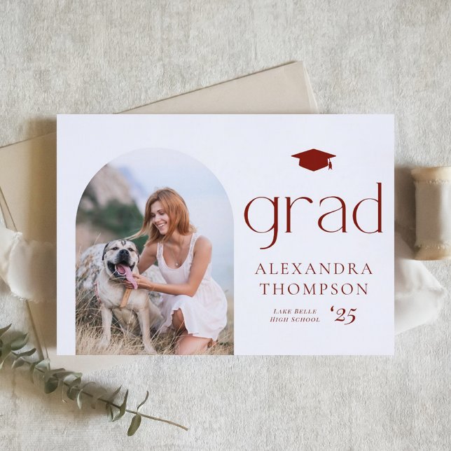 Minimalist Arch Photo Red Photo Graduation Announcement (Personalized photo graduation announcement featuring a modern photo arch frame – custom and unique.)