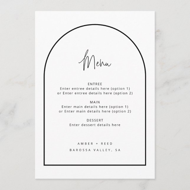 Minimalist Arch Script Black & White Wedding Menu (Front)