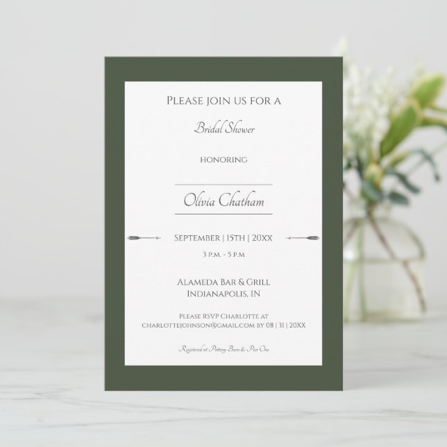 Minimalist Arrows Bridal Shower | Olive Green Invitation (Standing Front)