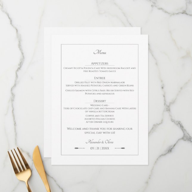 Minimalist Arrows Wedding | White Menu (Front/Back In Situ)
