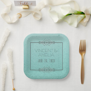 Minimalist Art Deco Blue Custom Wedding  Paper Plate