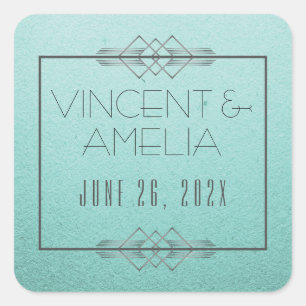 Minimalist Art Deco Blue Custom Wedding Square Sticker