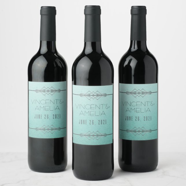 Minimalist Art Deco Blue Custom Wedding   Wine Label (Bottles)