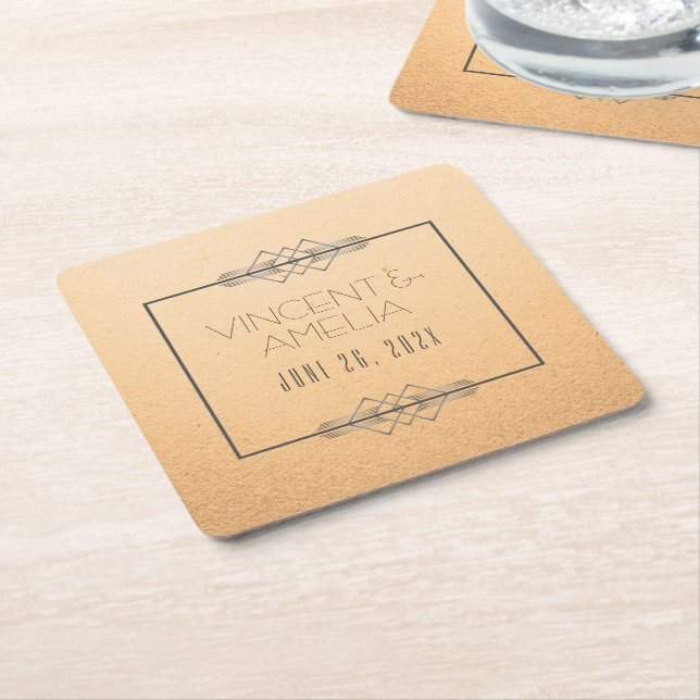 Minimalist Art Deco Peach Custom Wedding  Square Paper Coaster (Angled)