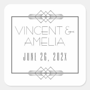 Minimalist Art Deco White Custom Wedding Square Sticker