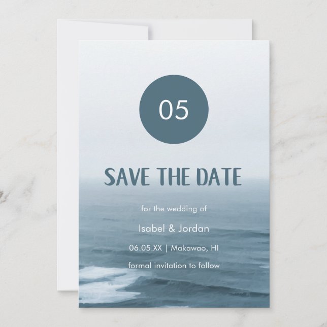 Minimalist Art Waves Beach Wedding Save the Date (Front)