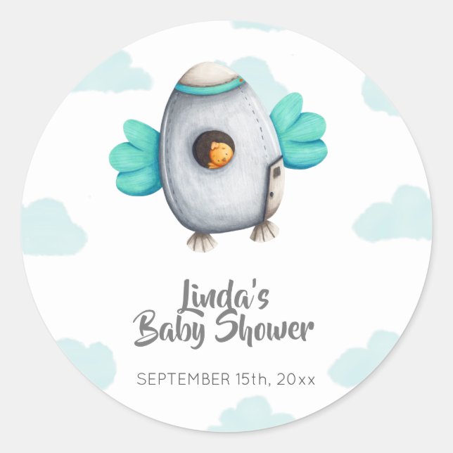 Minimalist Astronaut Bird Baby Shower Favour Classic Round Sticker (Front)