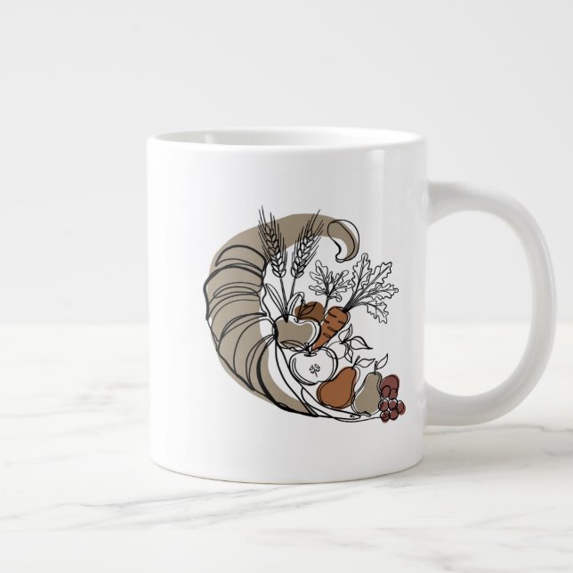 Minimalist Autumn Harvest Cornucopia Line Art Large Coffee Mug (Right)