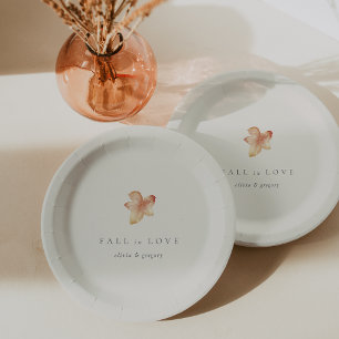 Minimalist Autumn Leaf "Fall in Love" Personalized Paper Plate