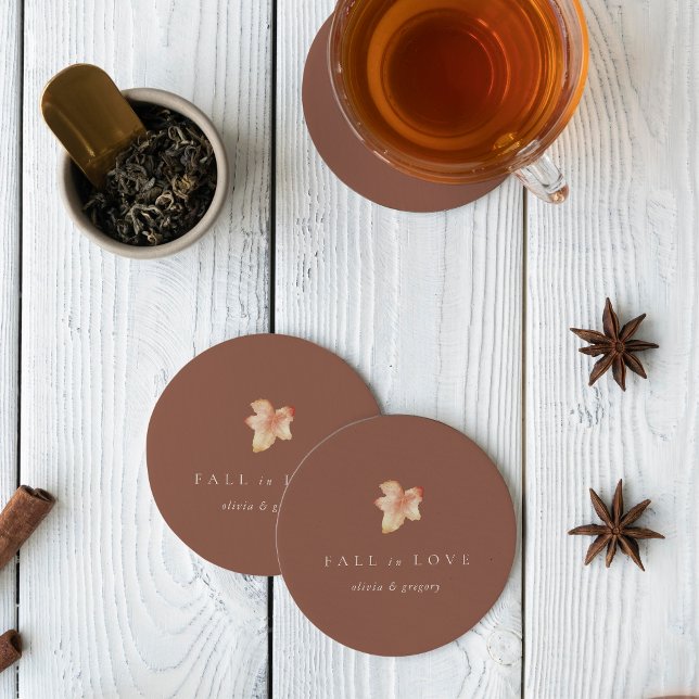 Minimalist Autumn Leaf "Fall in Love" Personalized Round Paper Coaster (Creator Uploaded)