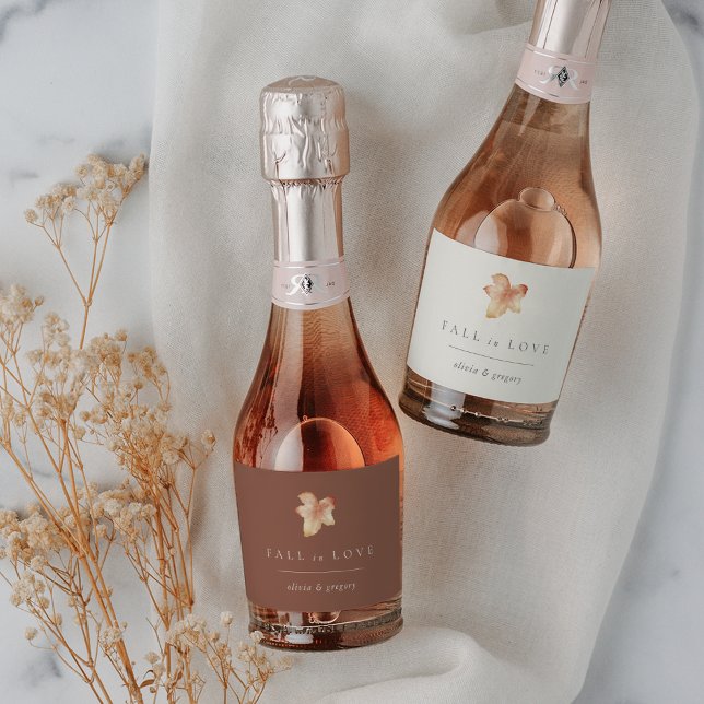 Minimalist Autumn Leaf "Fall in Love" Personalized Sparkling Wine Label (Creator Uploaded)