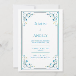 Minimalist Azure Blue Floral Gold Vine Wedding Invitation