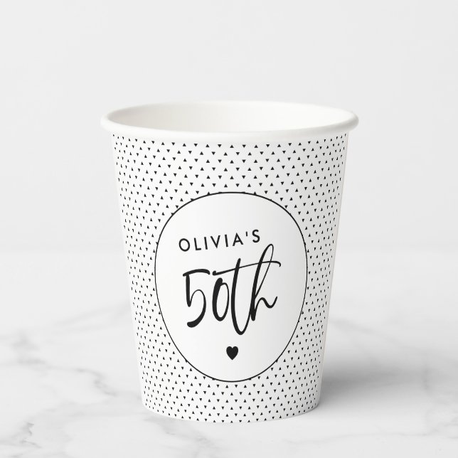 Minimalist B&W Geometric 50th Birthday Script Paper Cups (Back)