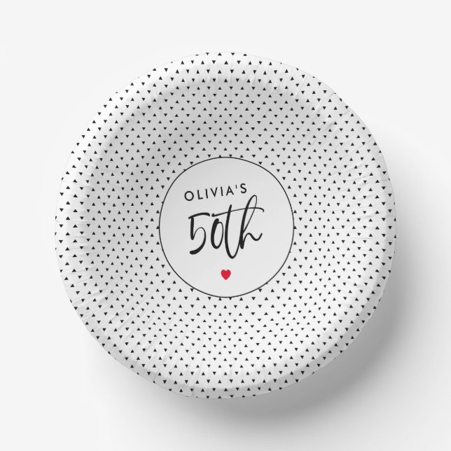 Minimalist B&W Geometric 50th Birthday Script Paper Plate (Front)