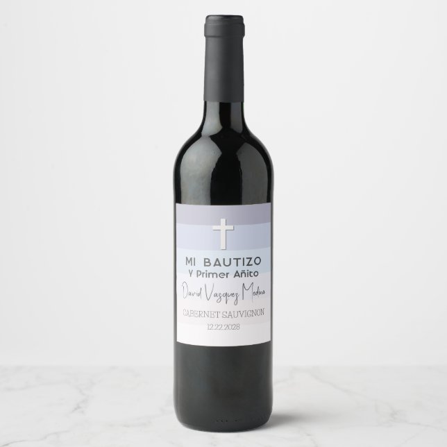 Minimalist Baby Baptism and First Year Birthday Wine Label (Front)