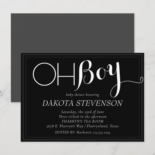 Minimalist Baby | Black and Grey Oh Boy Shower Invitation (Front/Back)