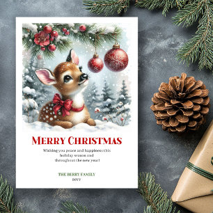 Minimalist Baby Deer Christmas Scene Watercolor  Holiday Card