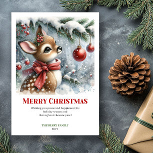 Minimalist Baby Fawn Snowy Forest Watercolor Card