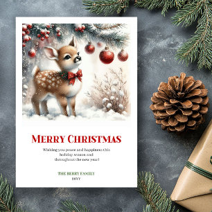Minimalist Baby Fawn Snowy Forest Watercolor Xmas Holiday Card