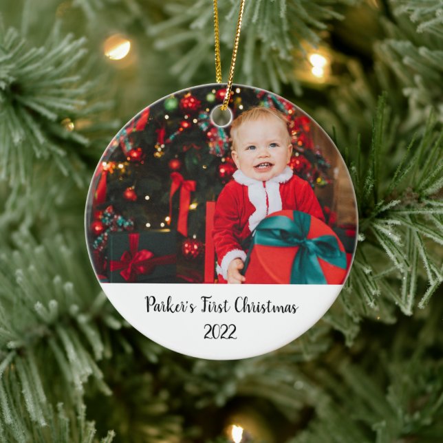 Minimalist Baby Newborn Frist Christmas Photo Ceramic Ornament (Tree)