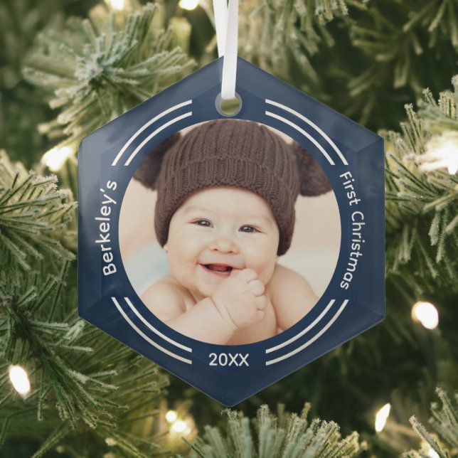 Minimalist Baby Photo Blue First Christmas Glass Ornament (Insitu)