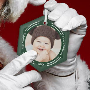 Minimalist Baby Photo Green First Christmas Glass Ornament