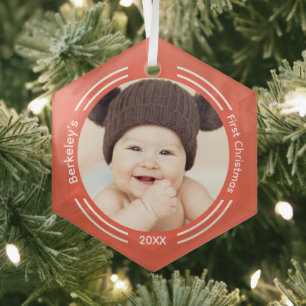 Minimalist Baby Photo Orange First Christmas Glass Ornament