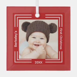 Minimalist Baby Photo Red 1st Christmas Glass Ornament