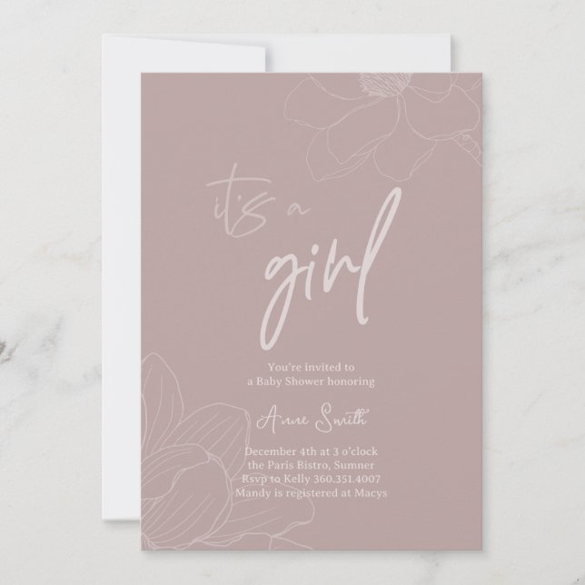 Minimalist Baby Shower, Dusty Rose Baby Girl Invitation (Front)