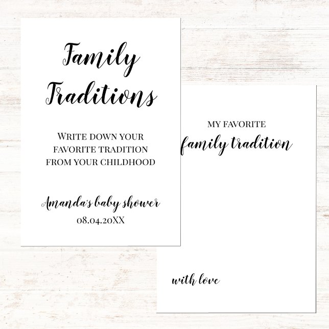 Minimalist Baby Shower Family Traditions Game Card (baby shower game family traditions, minimalist black and white gender neutral)