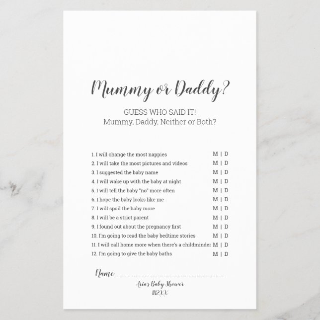 Minimalist Baby Shower Mummy or Daddy Game Flyer (Front)
