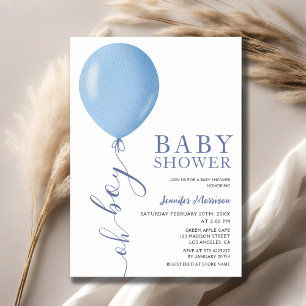 Minimalist Baby Shower Oh Boy Blue Balloon   Invitation